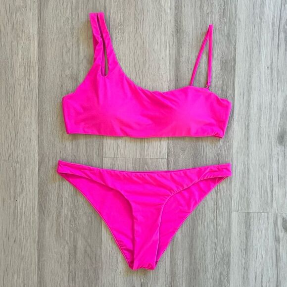 Two Piece Bikini Swimsuit One Shoulder Hot Pink Neon Barbiecore L - Picture 2 of 7